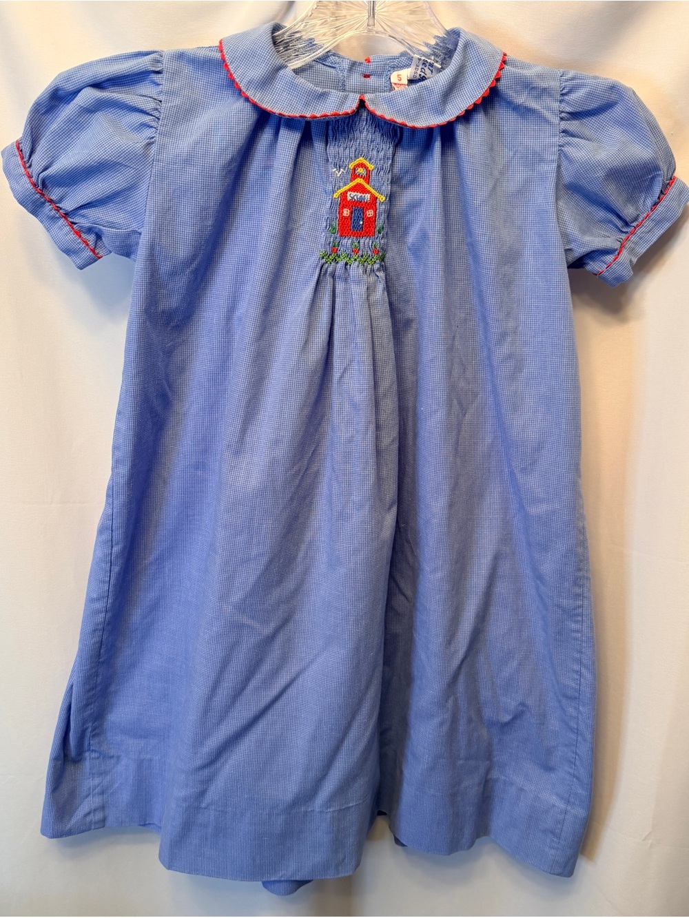 Vintage Orient Expressed Girls Size 5 Smocked Blue Dress Schoolhouse Red Trim